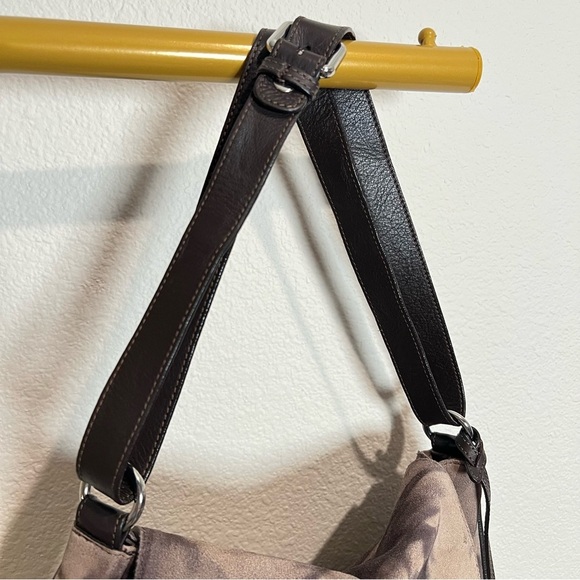 ABRO suede leather abstract print saddle bag, brown and tan, adjustable strap - Picture 4 of 12